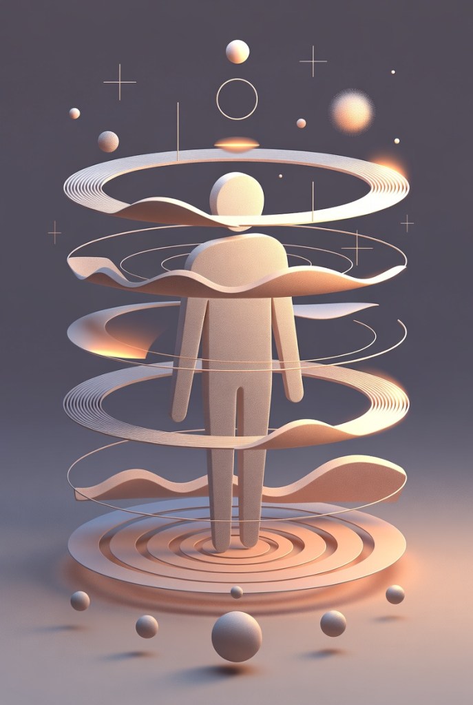 Figura umana immersa in un flusso astratto di forme e pattern che simboleggiano il processo di apprendimento, con punti luminosi che evidenziano i momenti di precisione e soddisfazione.