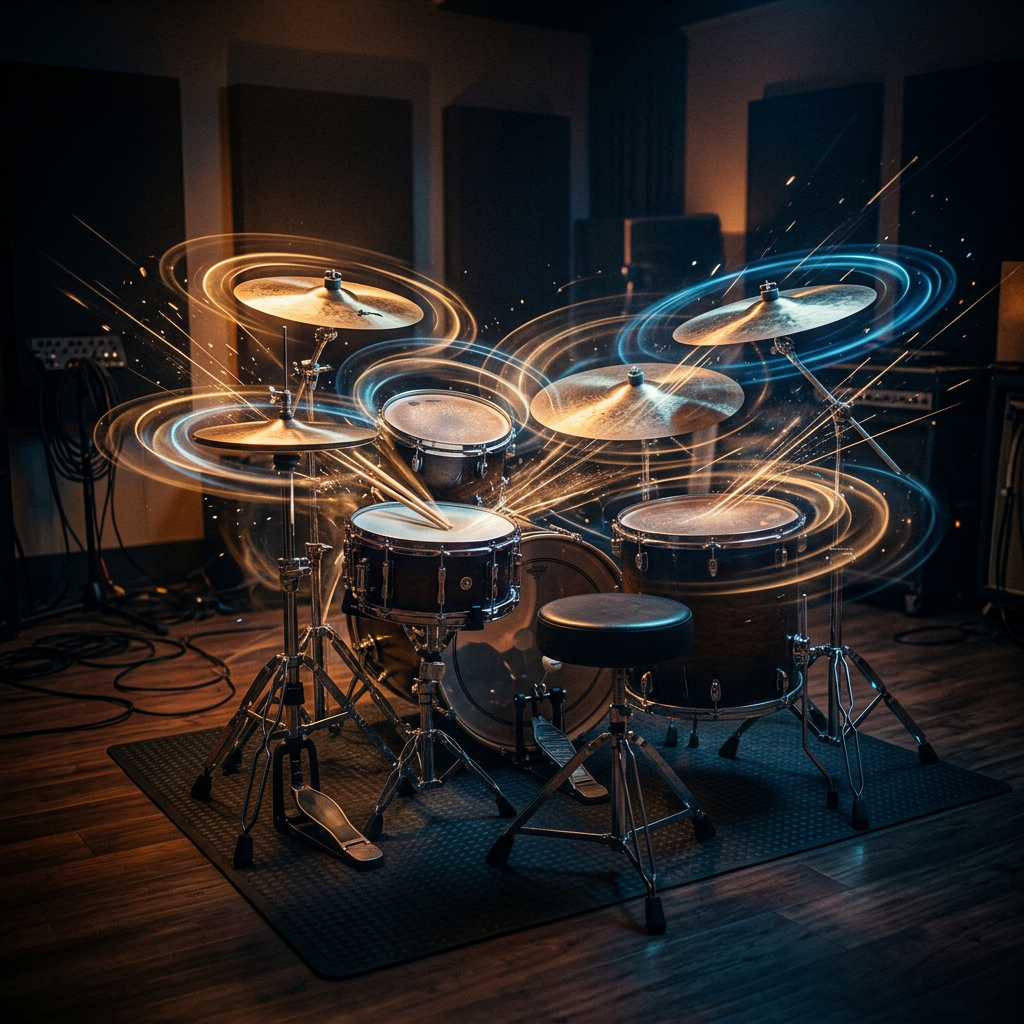 Drum kit surrounded by blue and amber swirling light trails